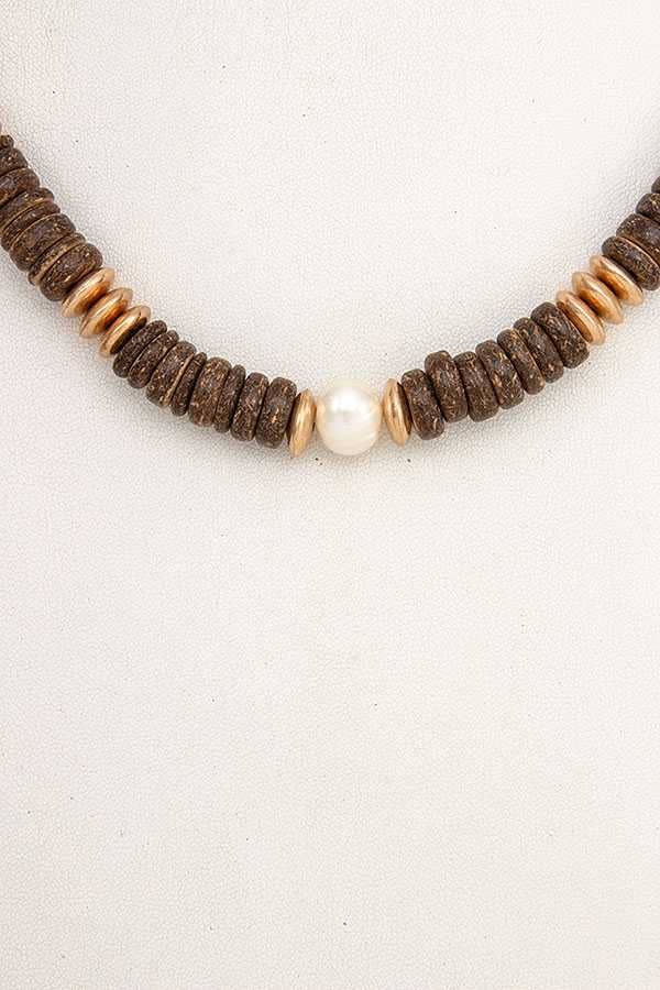 PEARL WOOD DISK BEAD NECKLACE 195111