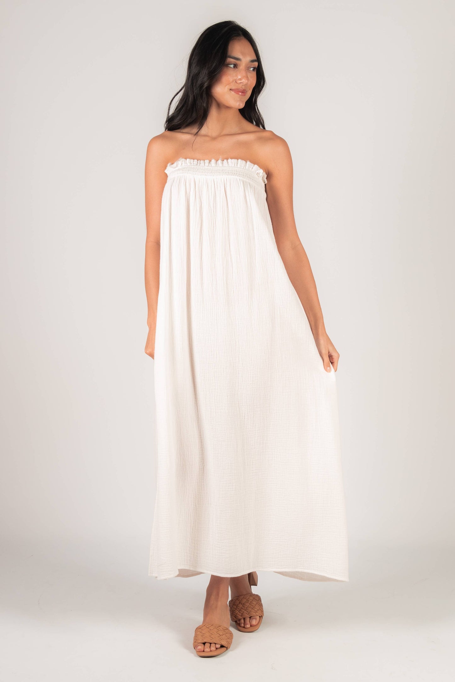 Gauze Shirred Babydoll Strapless Maxi