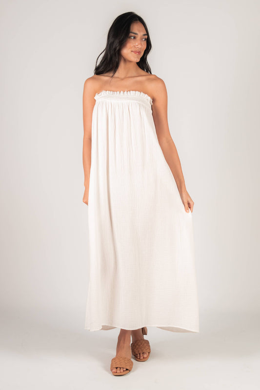 Gauze Shirred Babydoll Strapless Maxi