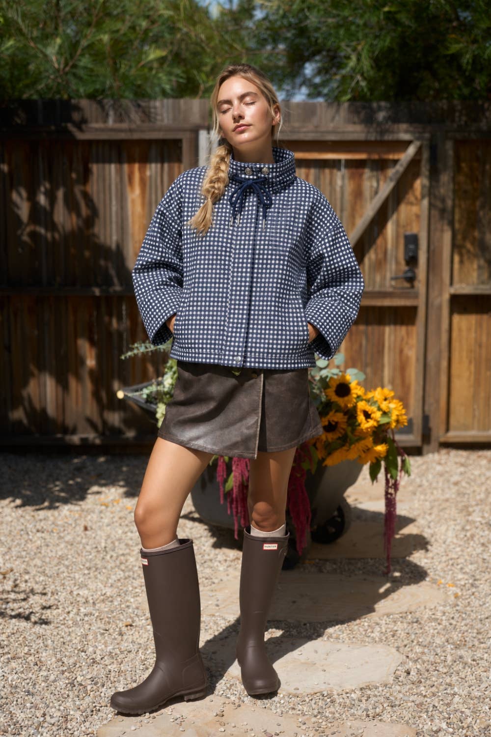 DOZ0603-23 | Gingham Check Stand Collar Utility Jacket