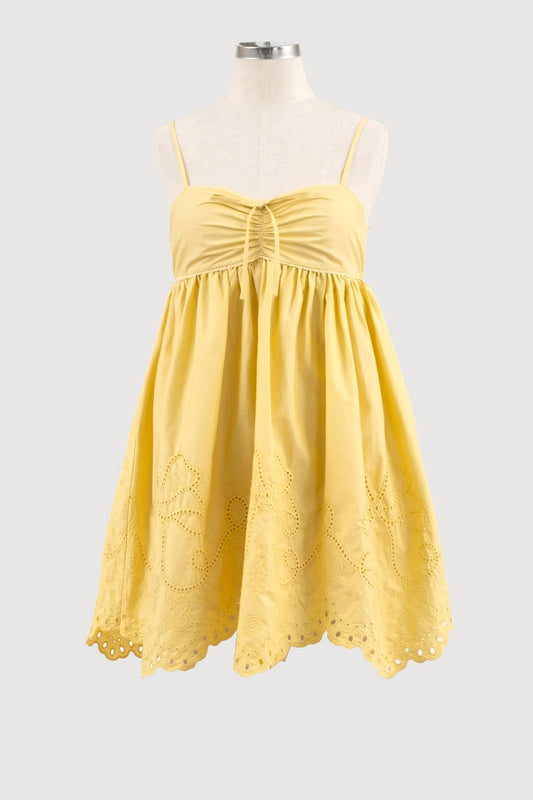SPAGHETTI STRAP EYELET DETAIL FRONT TIE MINI DRESS