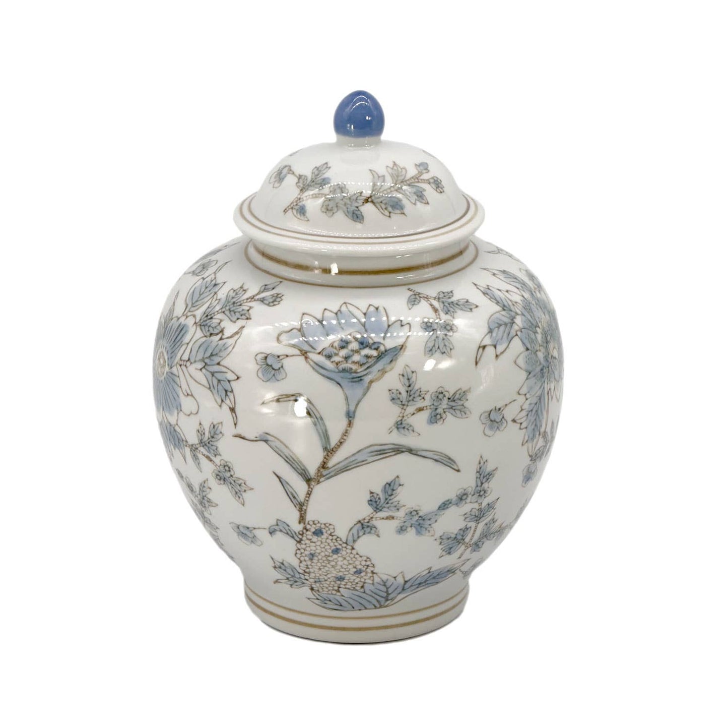 White & Blue Ceramic Chinoiserie Floral Jar 10"