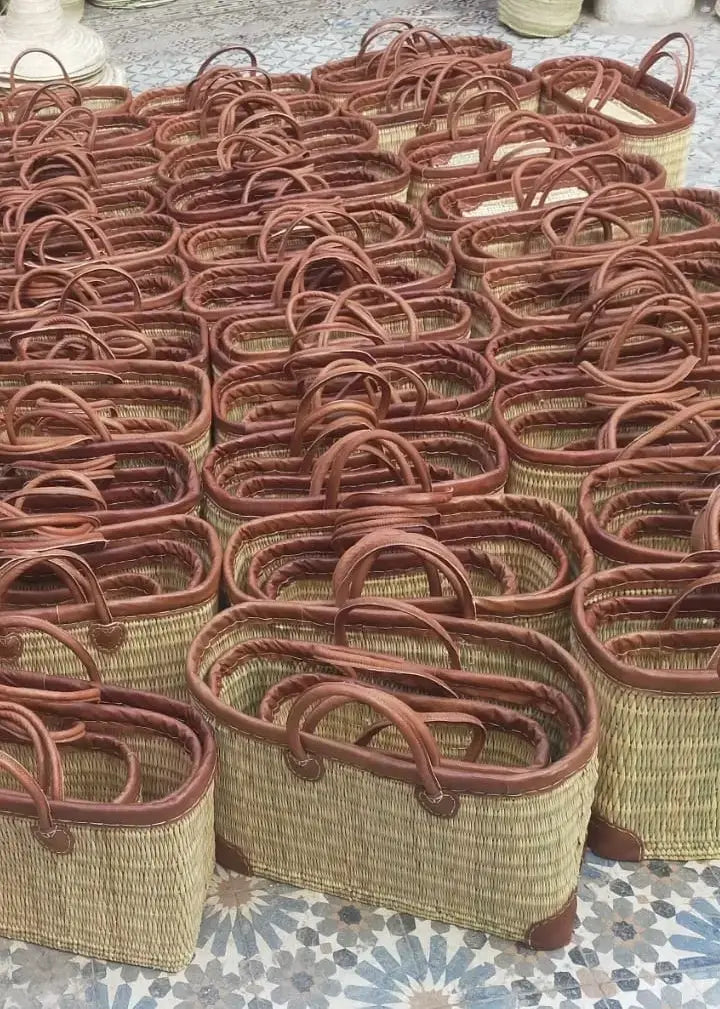 SET REED BASKET WITH LEATHER, Natural Basket Hand-woven