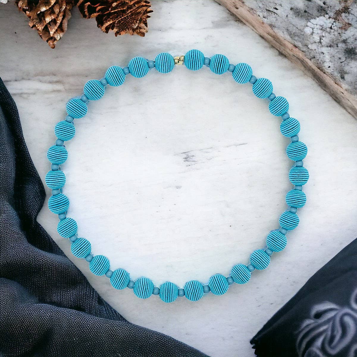 Cotton Springwire Woven Ball Necklace - Blues