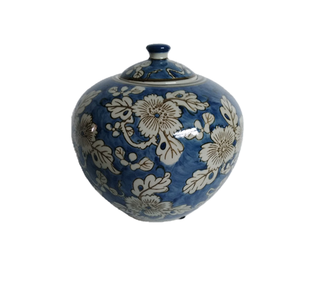 Blue & White Chinoiserie Ceramic Jar 8"