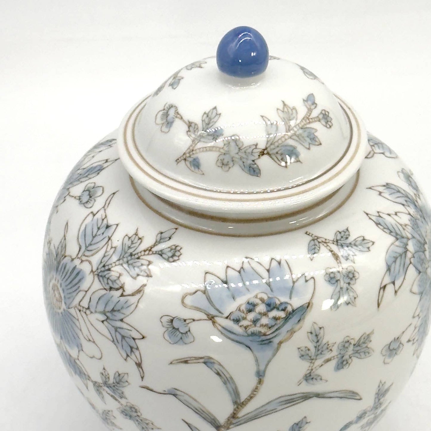 White & Blue Ceramic Chinoiserie Floral Jar 10"