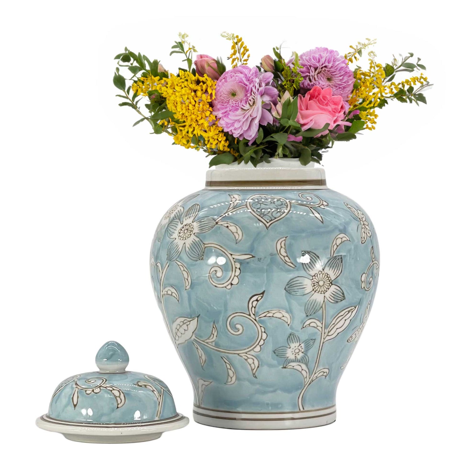 Floral Chinoiserie Ceramic Ginger Jar 12"