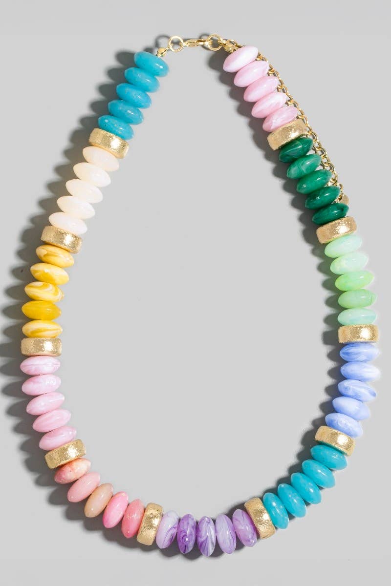 Wide Marble Resin And Metallic Disc Beaded Necklace
