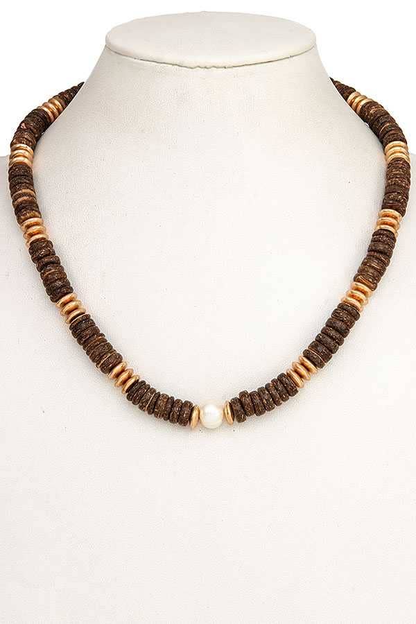 PEARL WOOD DISK BEAD NECKLACE 195111
