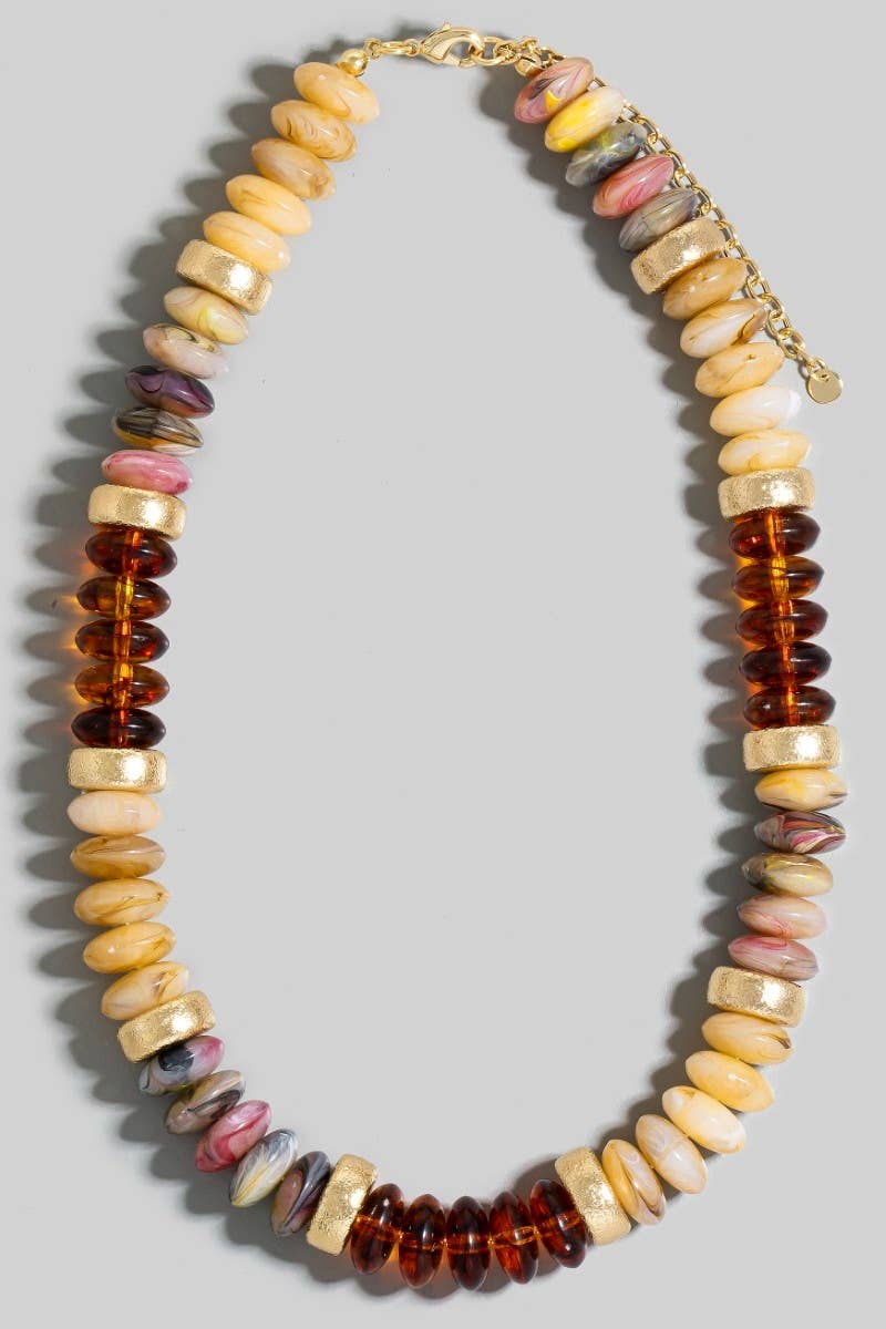 Wide Marble Resin And Metallic Disc Beaded Necklace