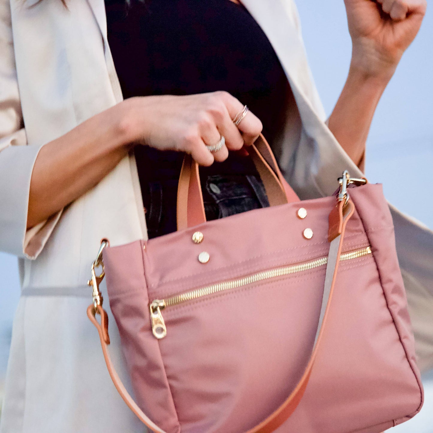"Joey" Mauve Nylon Tote with Leather Accents