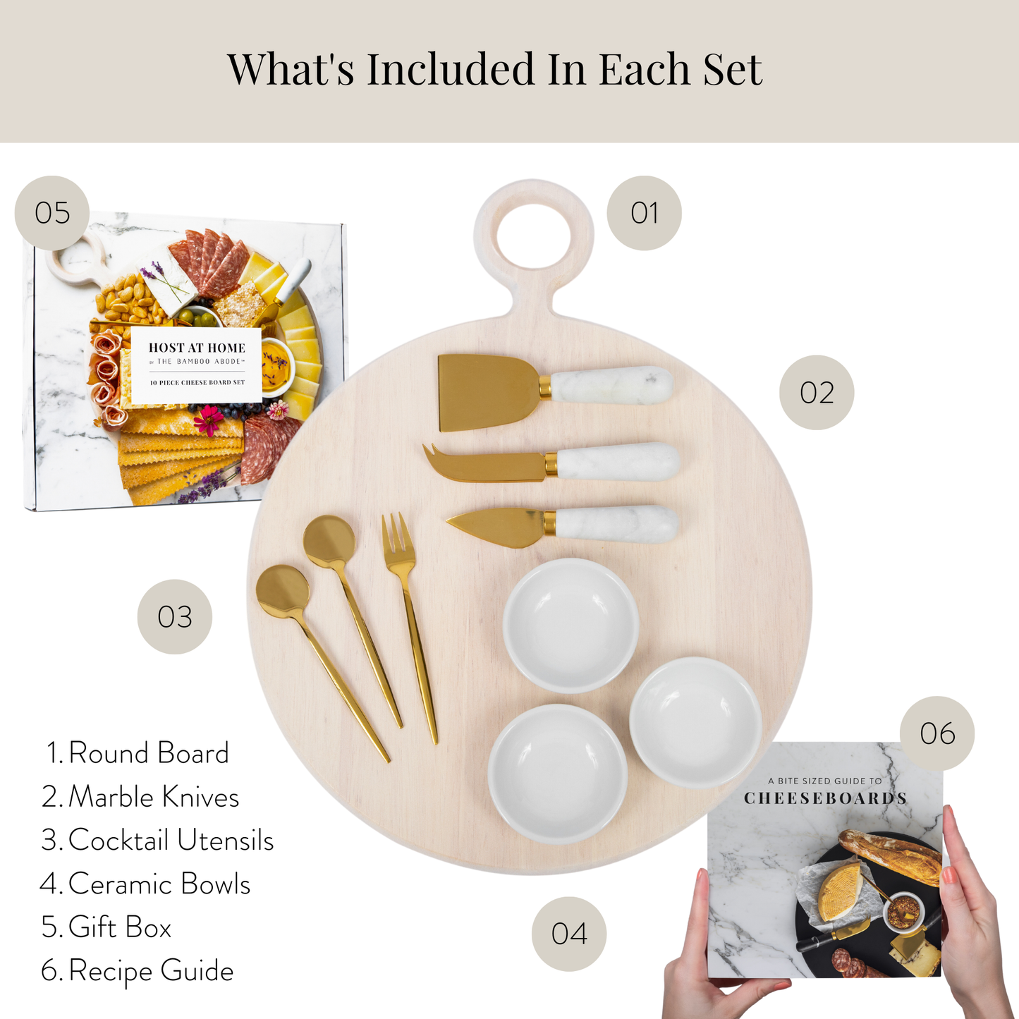 10 Piece Charcuterie Board Gift Set, White-Washed