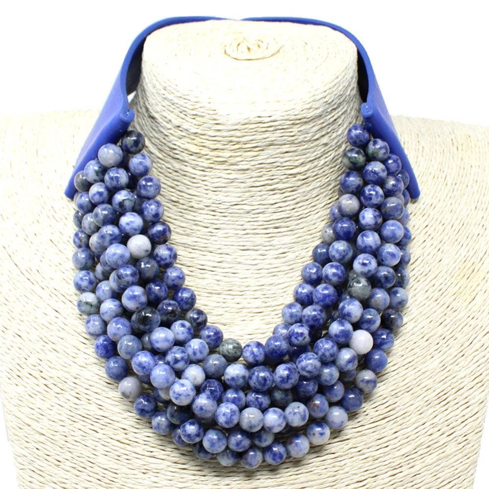 FAUX LEATHER REALSTONE LAYERED BEAD CHUNKY NECKLACE