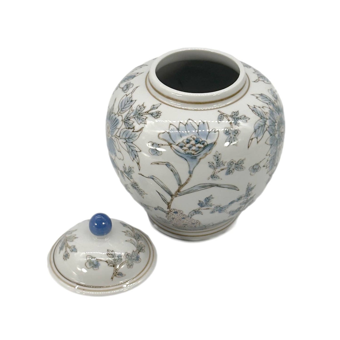 White & Blue Ceramic Chinoiserie Floral Jar 10"