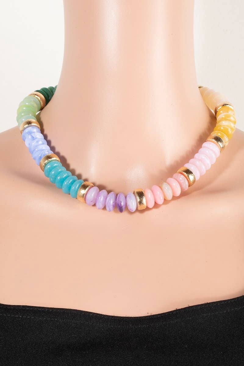 Wide Marble Resin And Metallic Disc Beaded Necklace