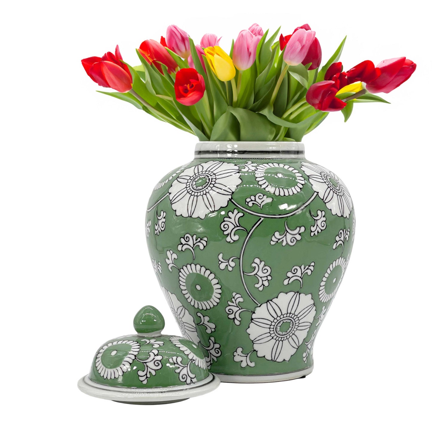 Floral Chinoiserie Ceramic Ginger Jar 12"