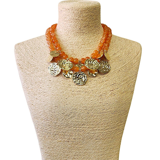 Coin Necklace | Graduated | Amber | Beaded | Boho | Coastal
