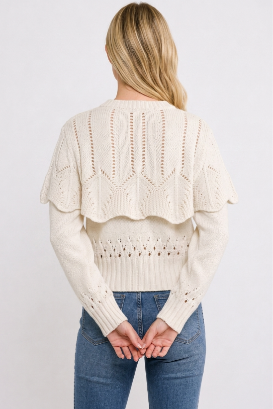 CW10390J Button-Up Knit Ruffled Capelet Cardigan