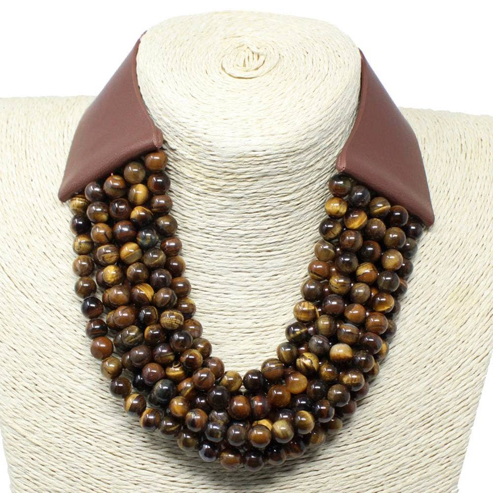 FAUX LEATHER REALSTONE LAYERED BEAD CHUNKY NECKLACE