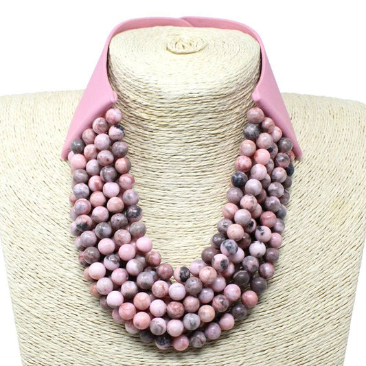 FAUX LEATHER REALSTONE LAYERED BEAD CHUNKY NECKLACE