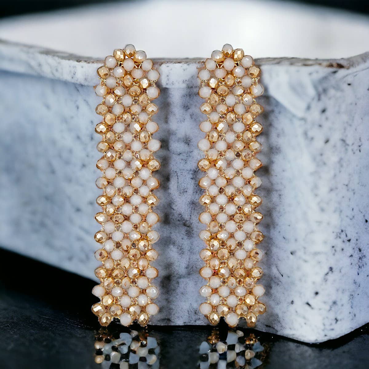Pearlescent Shimmer Grid Crystal Drape Earrings