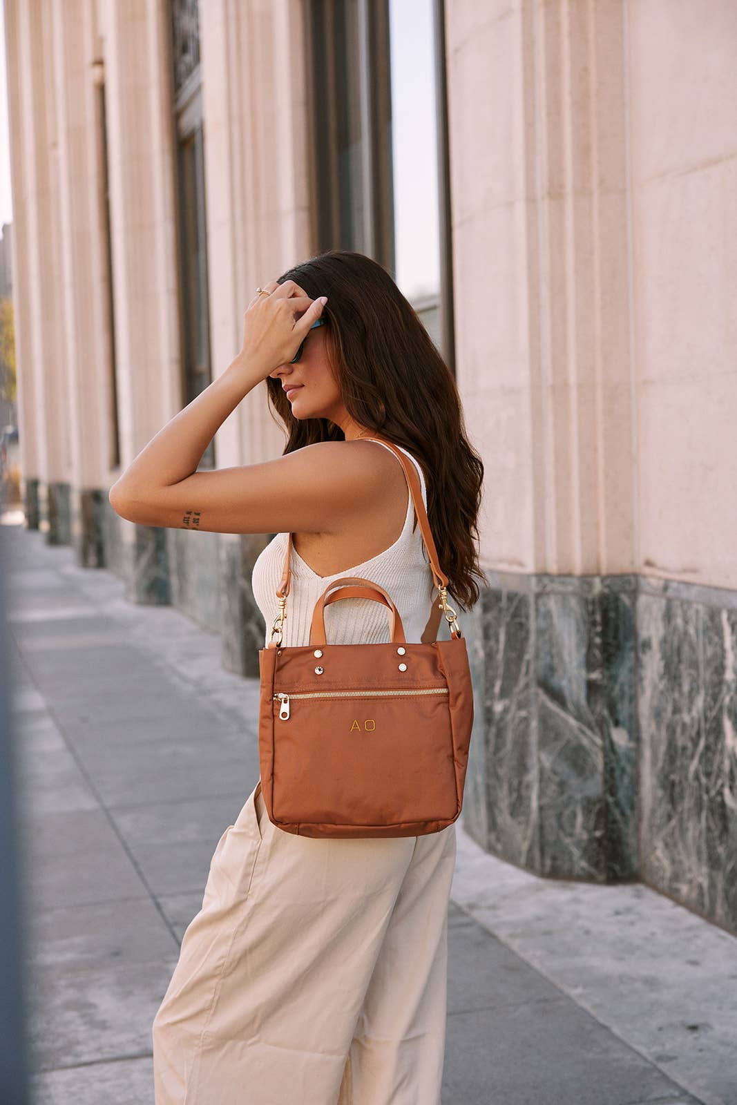 "Joey" Cognac Nylon Tote with Leather Accents