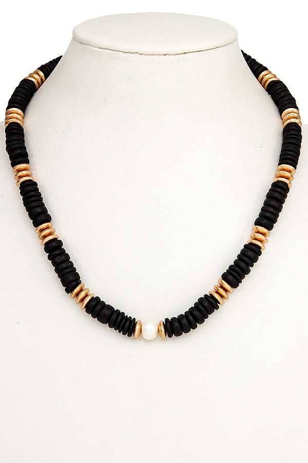 PEARL WOOD DISK BEAD NECKLACE 195111
