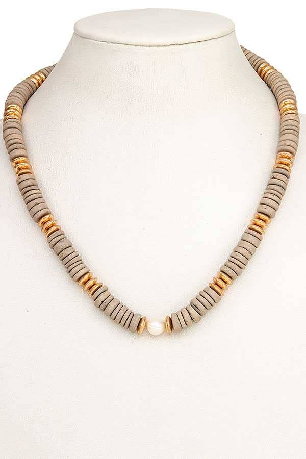 PEARL WOOD DISK BEAD NECKLACE 195111