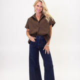 Solid Poplin Vneck Collar Top