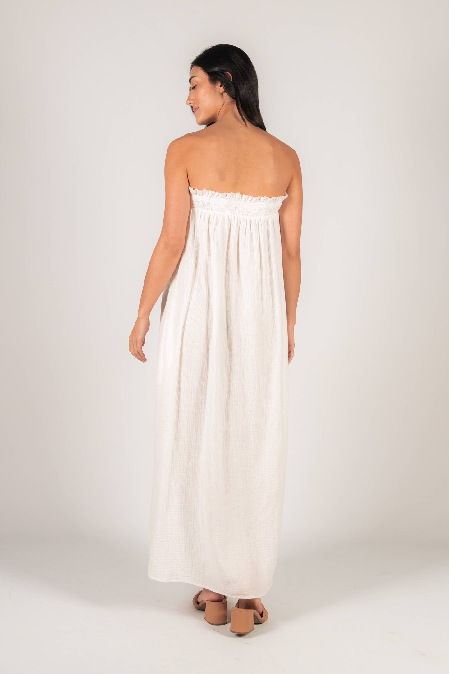 Gauze Shirred Babydoll Strapless Maxi