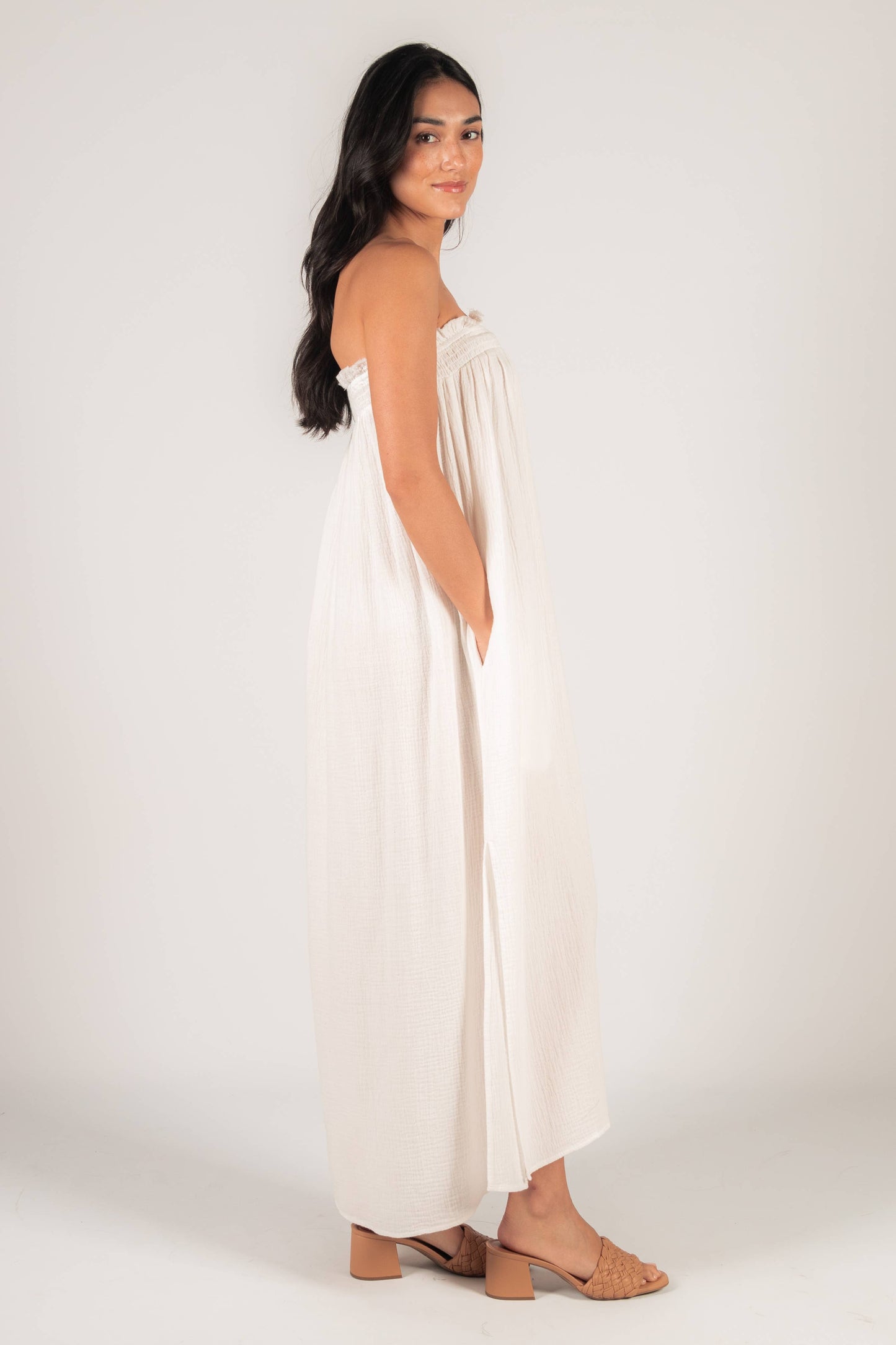 Gauze Shirred Babydoll Strapless Maxi