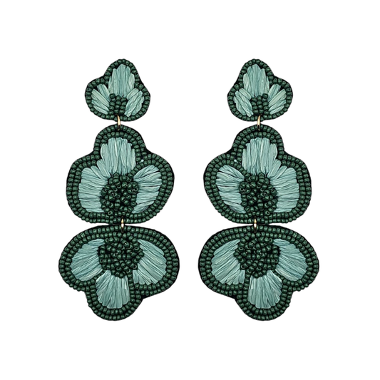 Green Raffia & Beaded Flower Drop Earrings