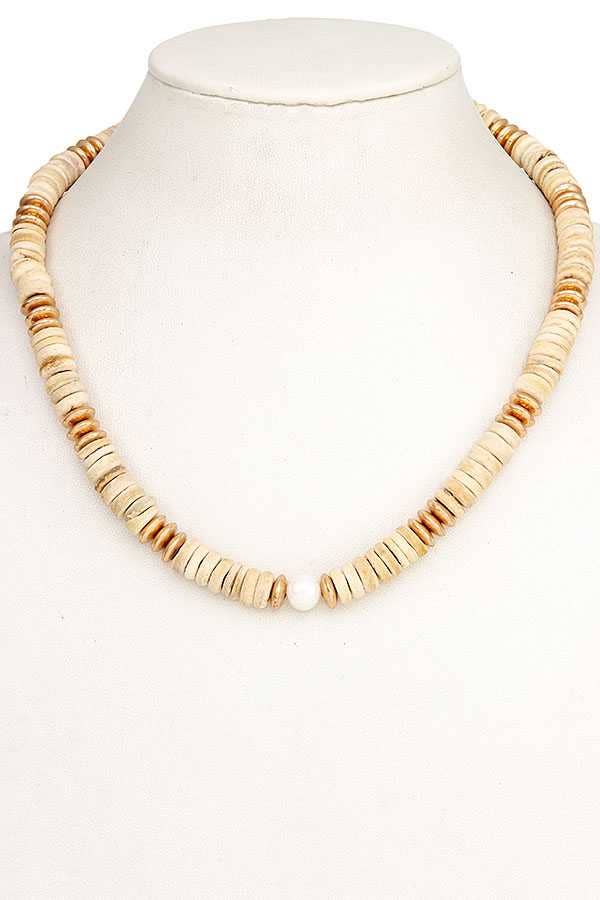 PEARL WOOD DISK BEAD NECKLACE 195111