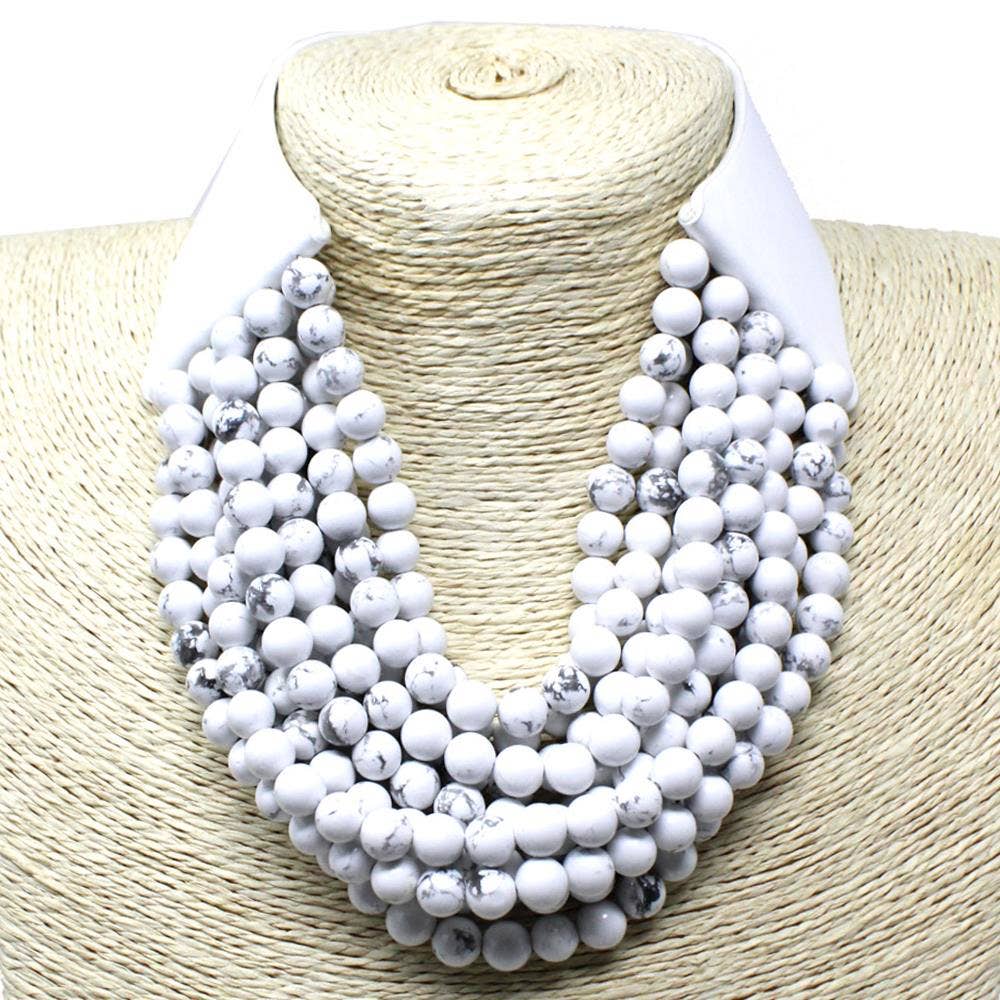 FAUX LEATHER REALSTONE LAYERED BEAD CHUNKY NECKLACE