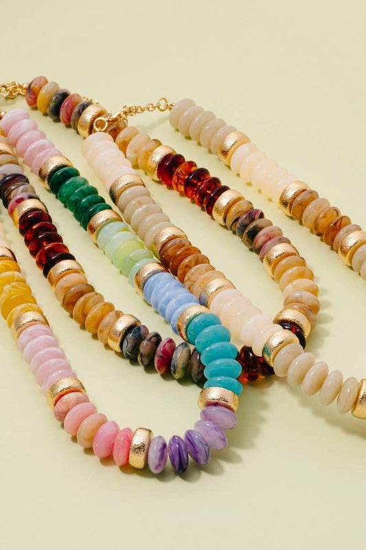 Wide Marble Resin And Metallic Disc Beaded Necklace
