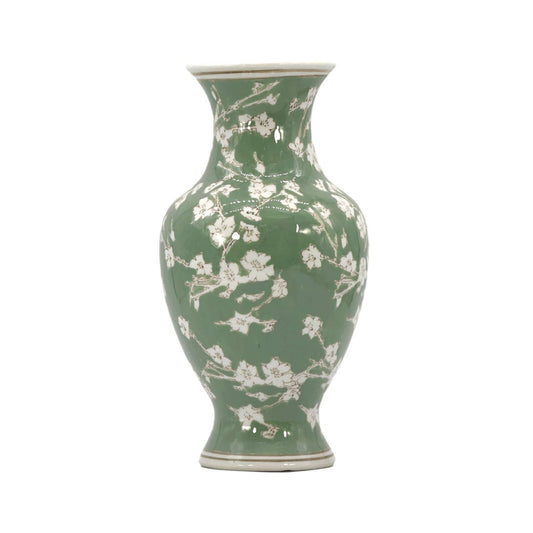 Green Sakura Chinoiserie Ceramic Vase 14"