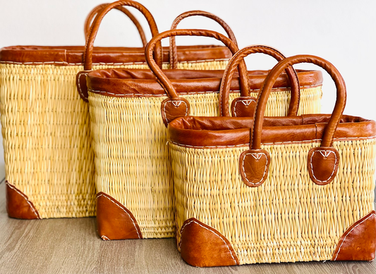 SET REED BASKET WITH LEATHER, Natural Basket Hand-woven