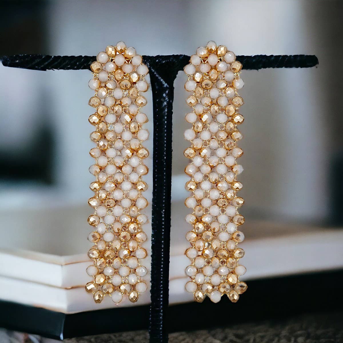 Pearlescent Shimmer Grid Crystal Drape Earrings
