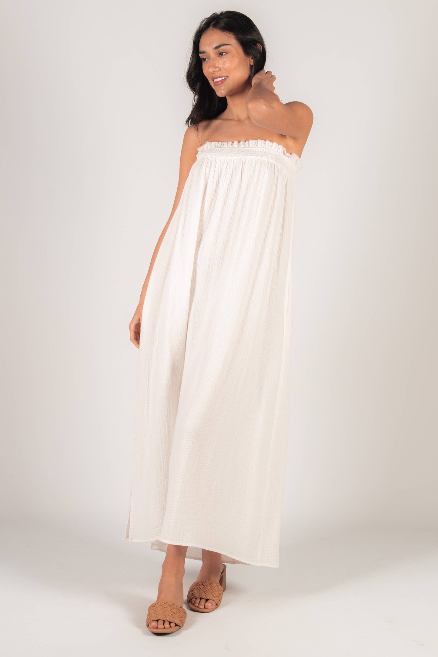 Gauze Shirred Babydoll Strapless Maxi