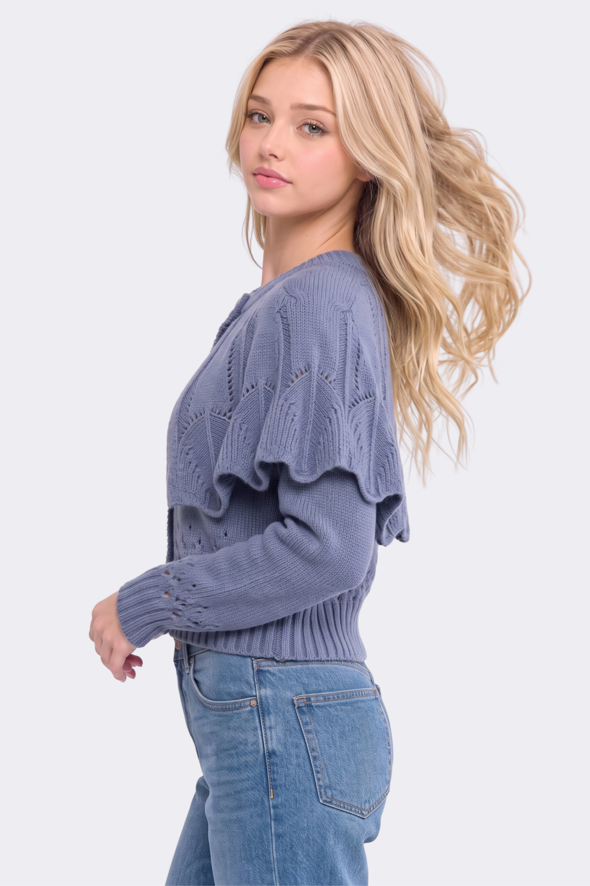 CW10390J Button-Up Knit Ruffled Capelet Cardigan