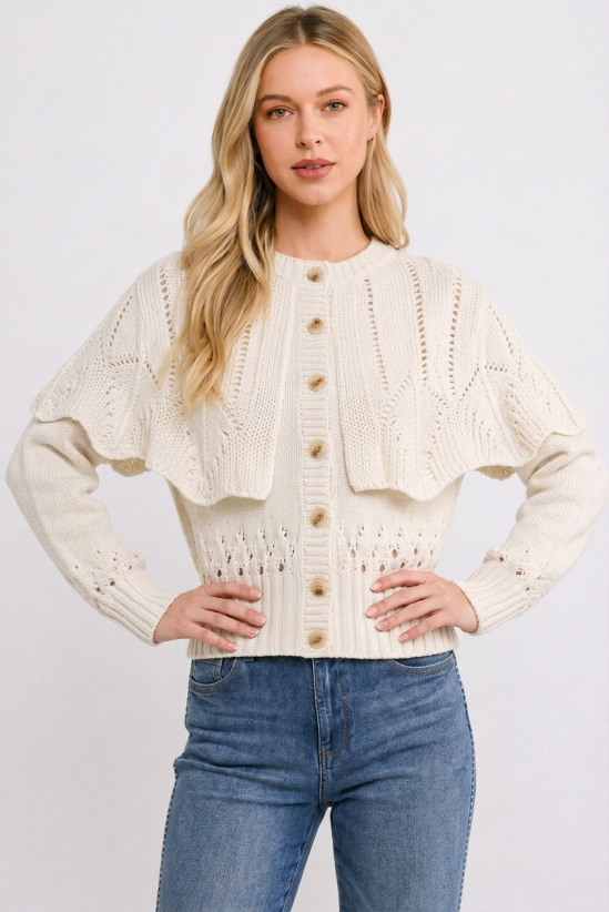 CW10390J Button-Up Knit Ruffled Capelet Cardigan
