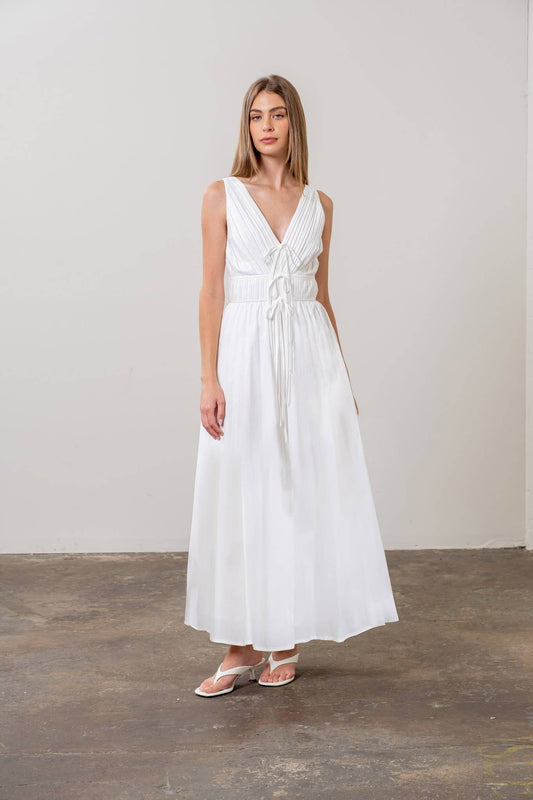 V NECK PLEATED FRONT TIE MIDI DRESS