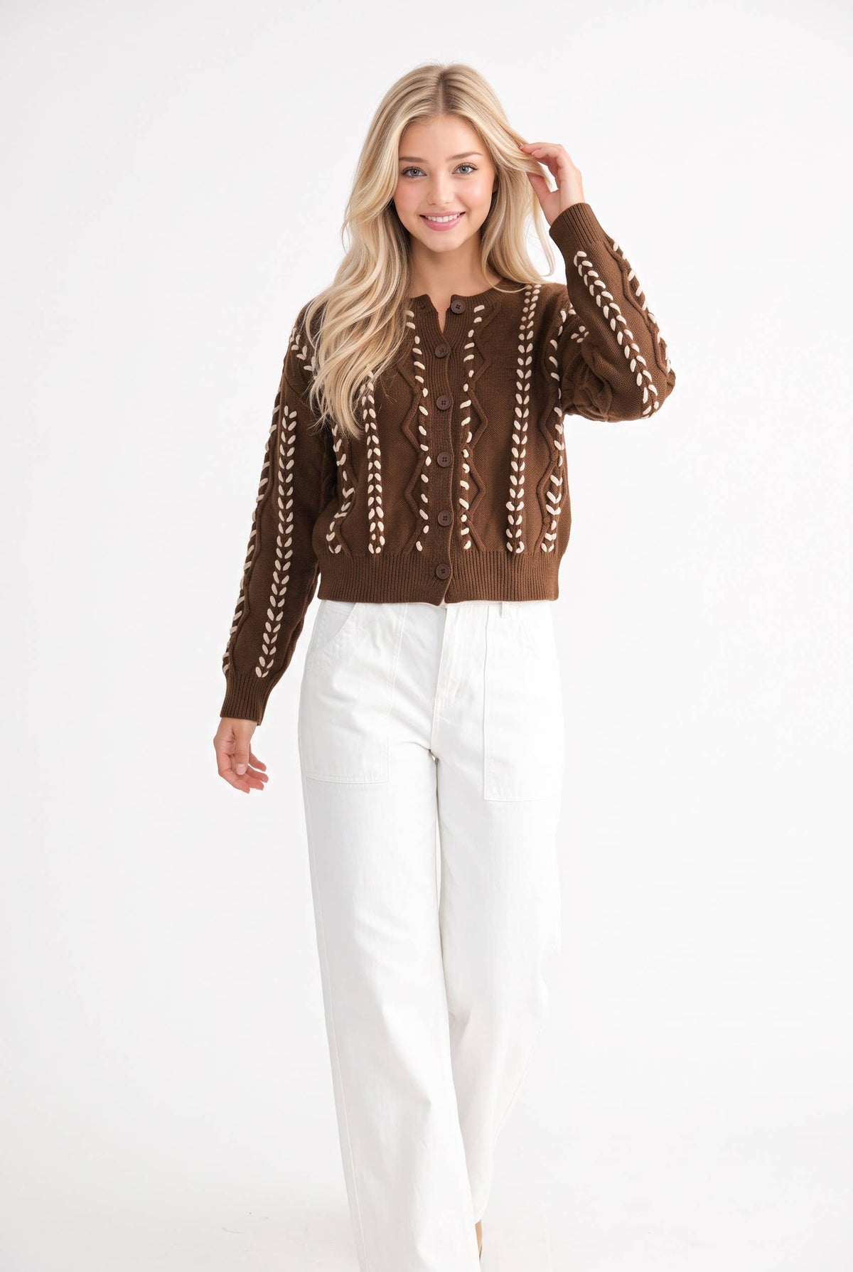 CWT26164-R TORI RIBBON STITCH CABLE KNIT CARDIGAN