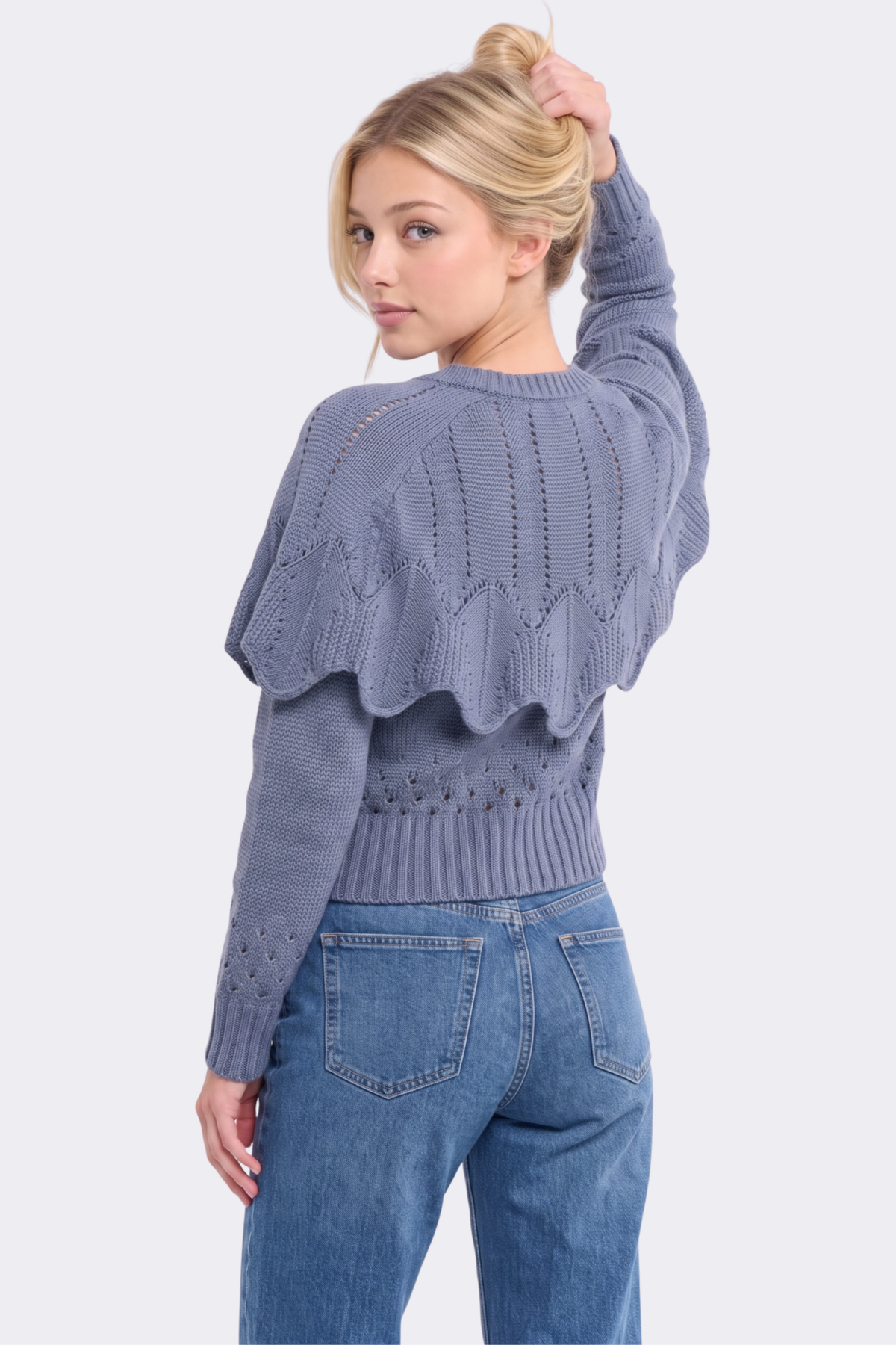 CW10390J Button-Up Knit Ruffled Capelet Cardigan