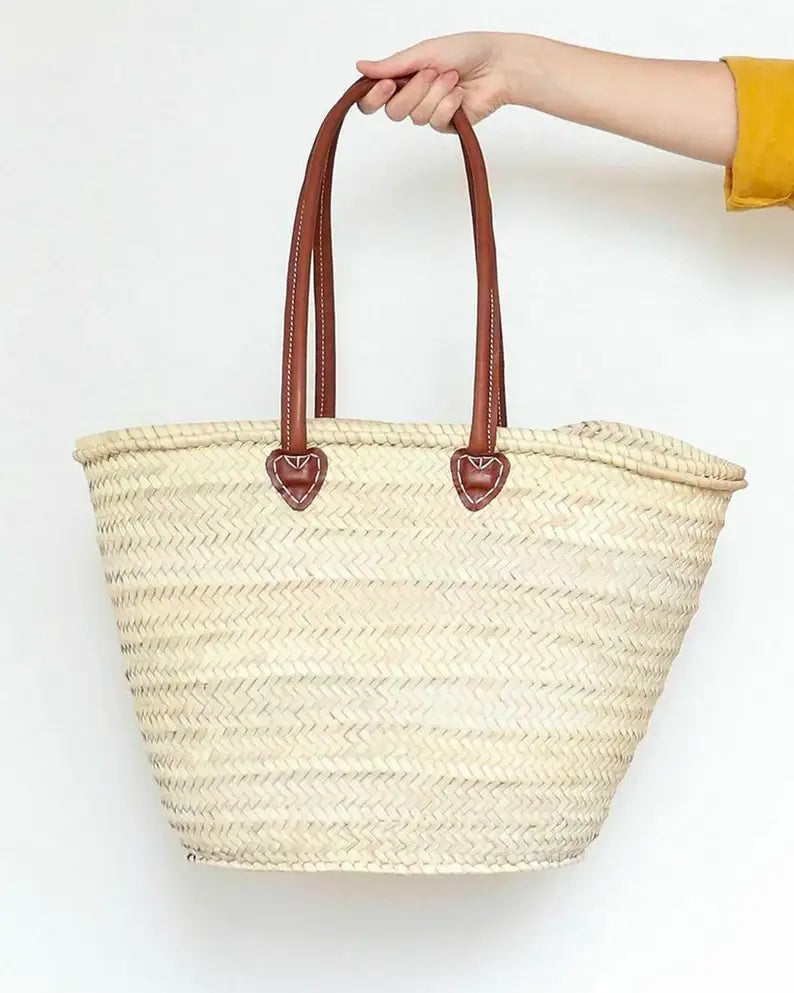 STRAW BAG Handmade with leather, French Market Basket