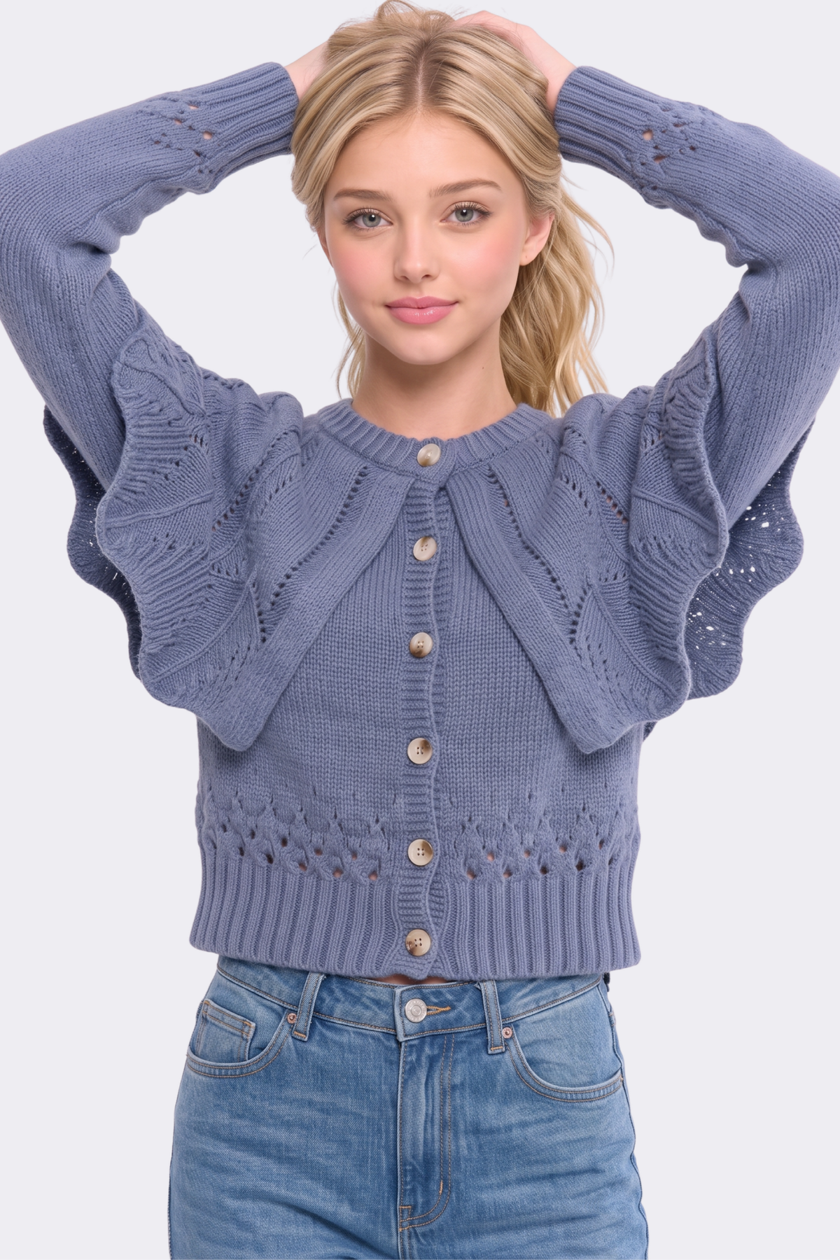 CW10390J Button-Up Knit Ruffled Capelet Cardigan