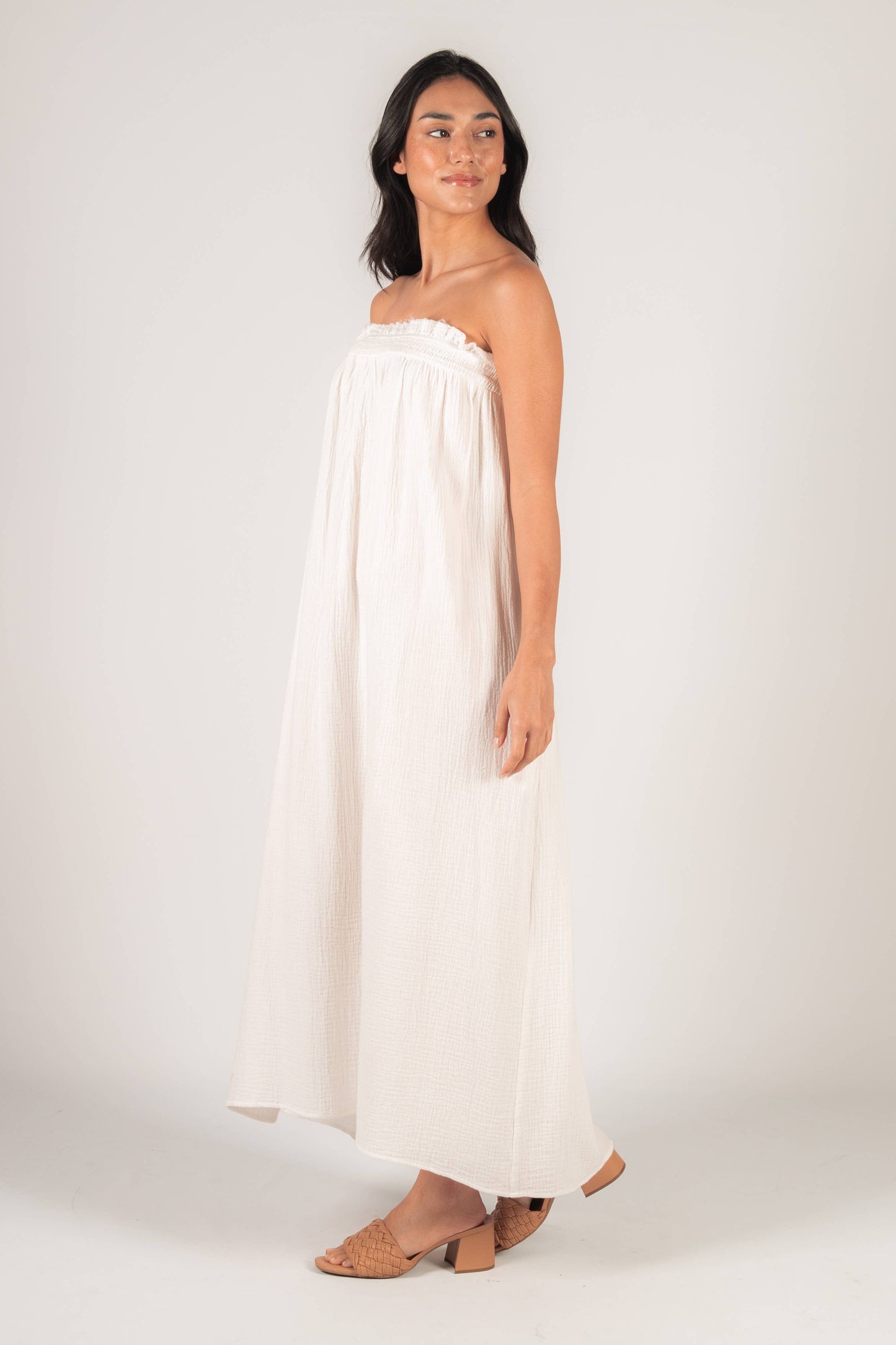 Gauze Shirred Babydoll Strapless Maxi