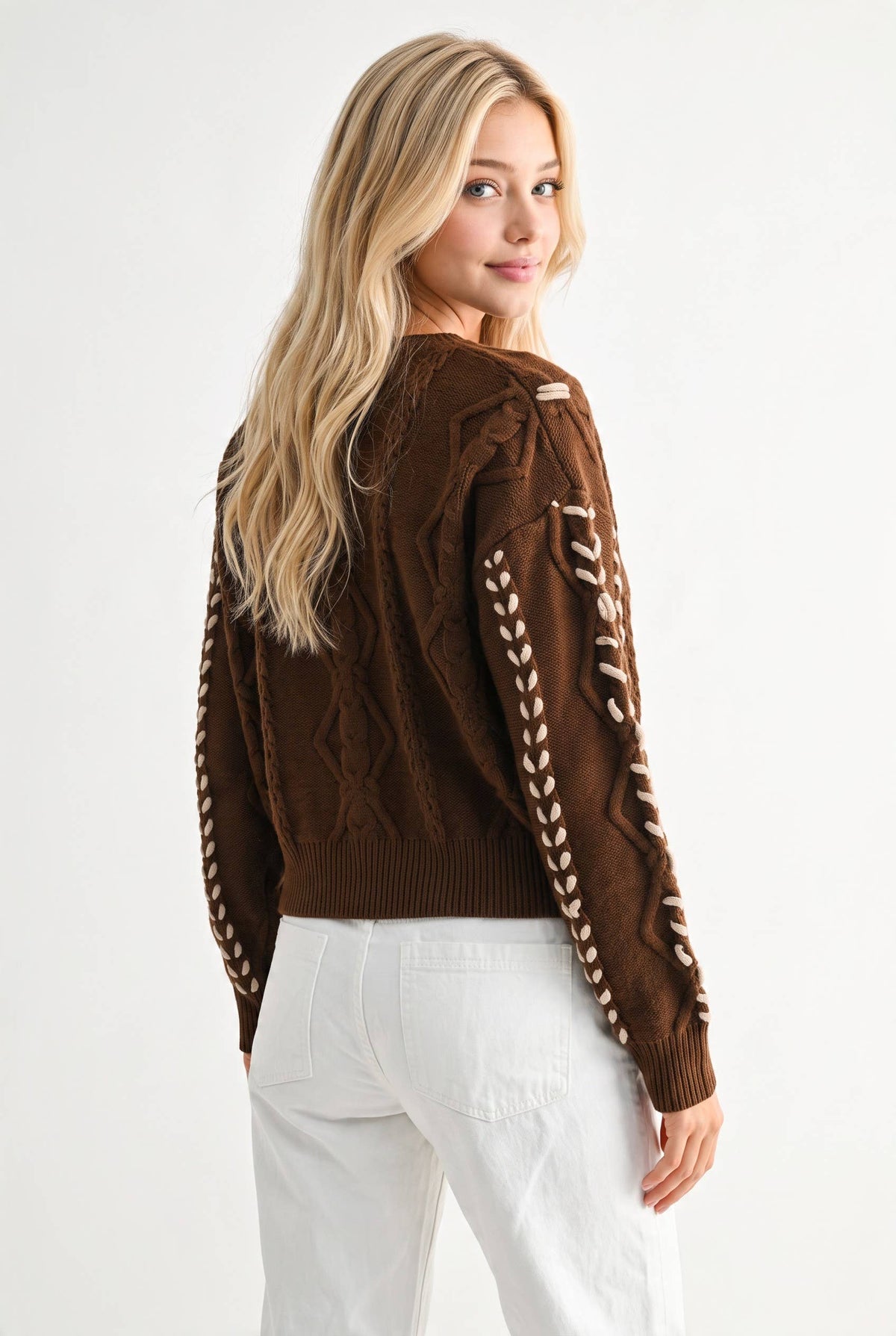 CWT26164-R TORI RIBBON STITCH CABLE KNIT CARDIGAN