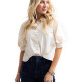 Solid Poplin Puff Sleeve Button Top