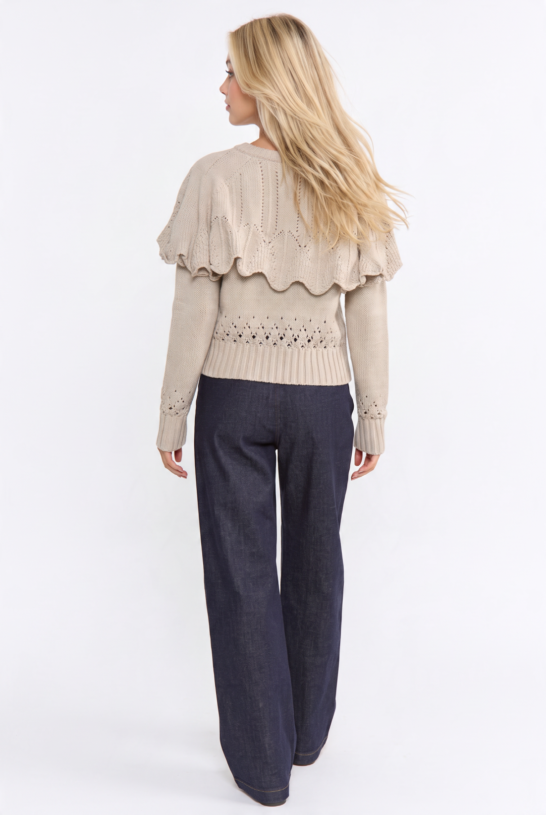CW10390J Button-Up Knit Ruffled Capelet Cardigan